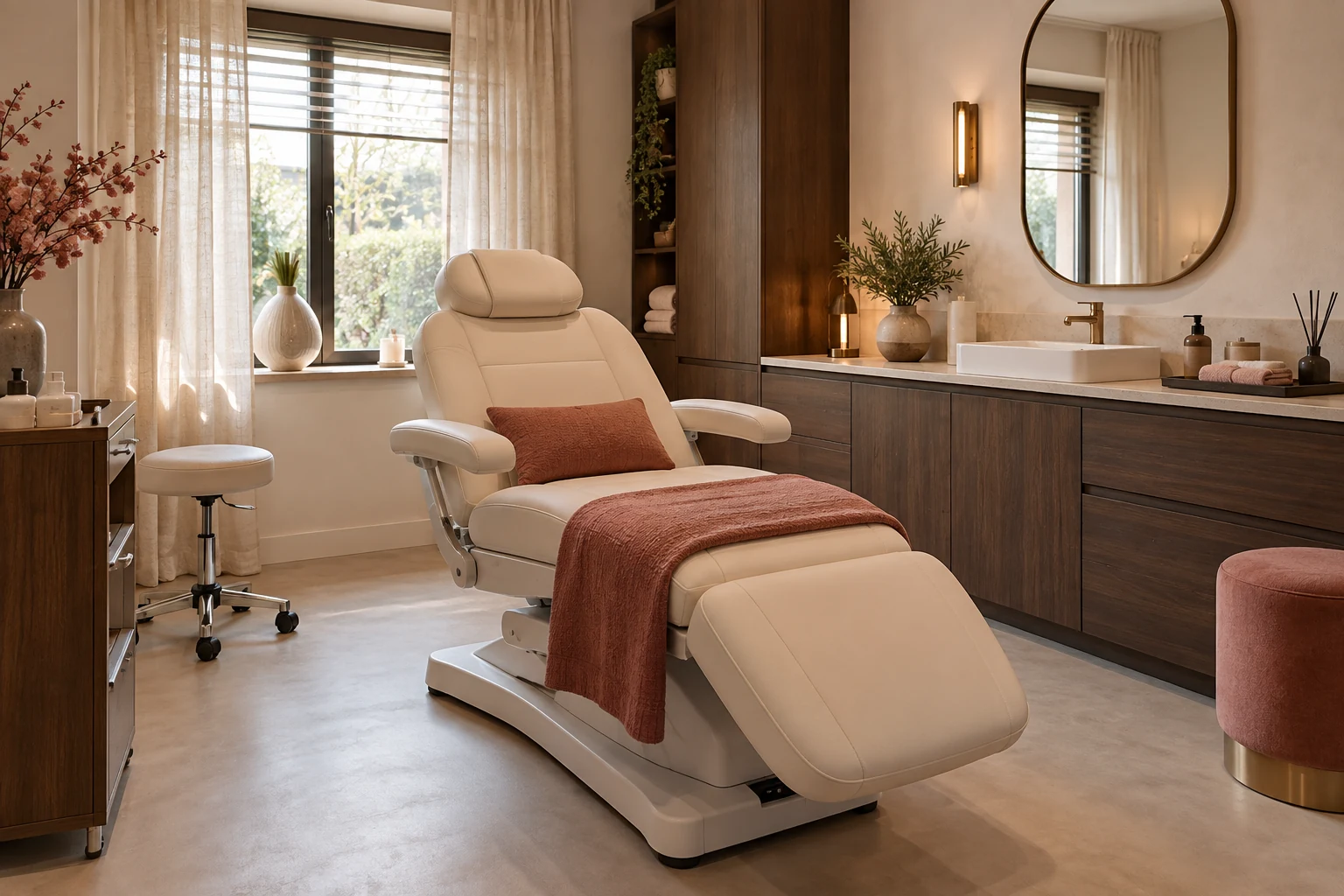 Sfeerbeeld van een private beautyruimte met behandelstoel, waterpunt en warme inrichting